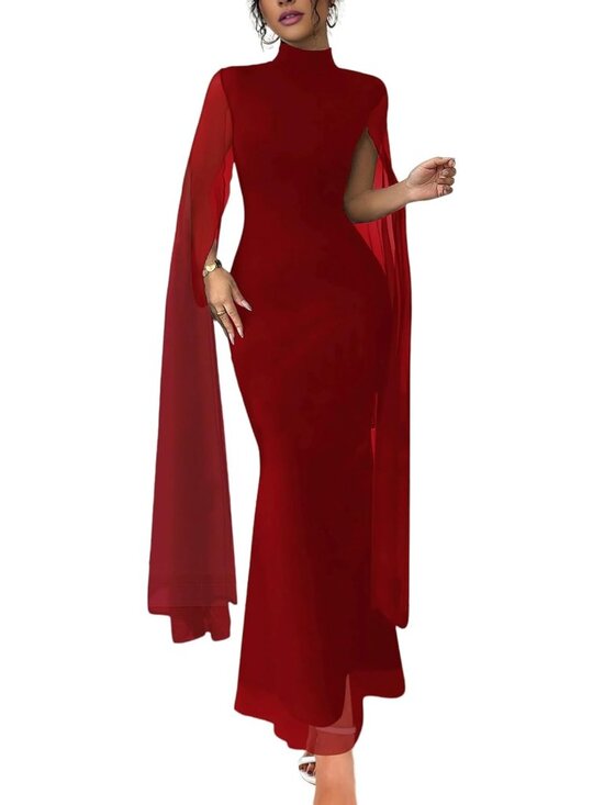 Dresses & Skirts - Women's Red Elegant Mock Neck Pull On Bodycon Formal Maxi Dress With Cape